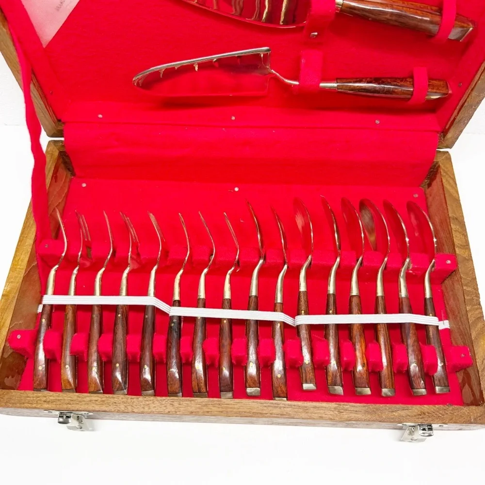 Vintage Bangkok Jewelry Factory Gold Tone Wood Handle Hor D’oeuvres Flatware Set